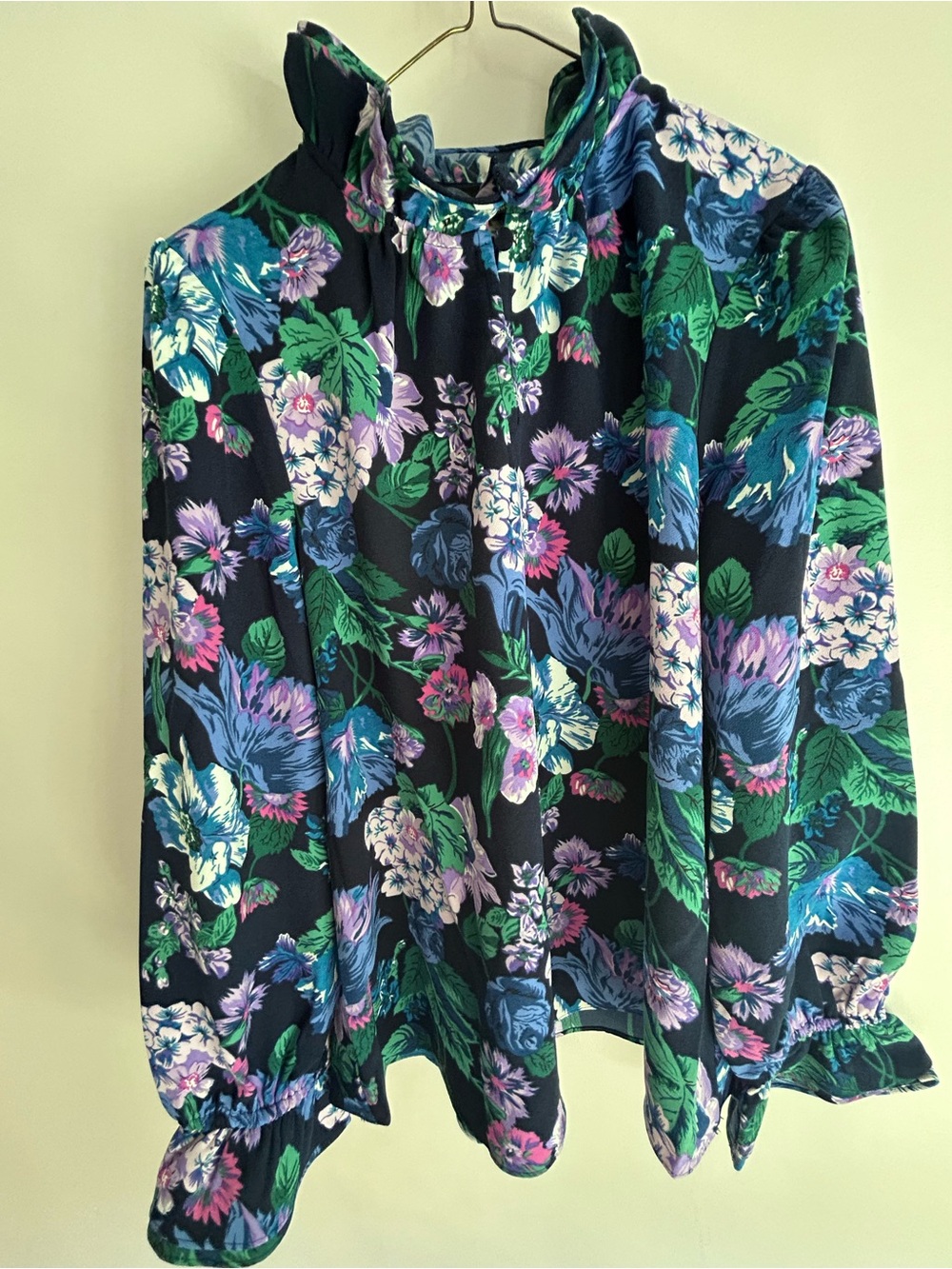 NWOT J. Crew Floral Ruffle Neck Long Sleeve Shirt Purple Pink Green flowers